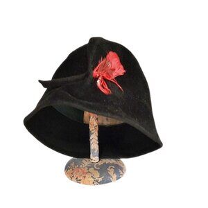 1960s Vintage Black Velour High Fashion Tall Cloche Style Hat With A Red Feather